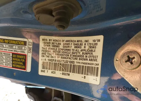 2007 Honda Civic Lx from USA, damaged, VIN 1HGFA16577L021065